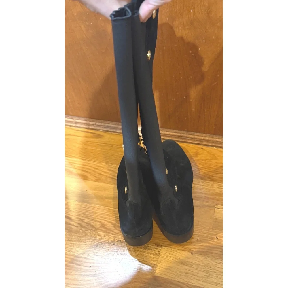 Vince Camuto Vacilla Black Suede Tall‎ Boots Gold Button Detail 7.5M 37.5